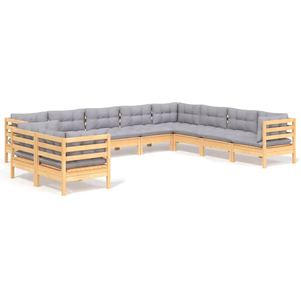 vidaXL 10-delige Loungeset met grijze kussens massief grenenhout Grijs
