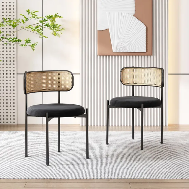 Welltin Fluwelen eetkamerstoel, set van 2, moderne, eenvoudige relaxstoel met vier metalen steunpoten, rotan relaxstoel, stoel voor woonkamer en slaapkamer, zwart