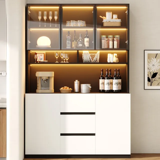 HAUSS SPOLE Vitrinekast Met Ledverlichting - Grijze Glazen Deuren En 3 Lades - Voor Woonkamer En Eetkamer - MDF En Glas - 120x38x200 Cm - Zwart-Wit Zwart en wit