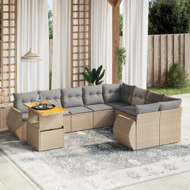 vidaXL 10-delige Loungeset met kussens poly rattan beige, foto 2