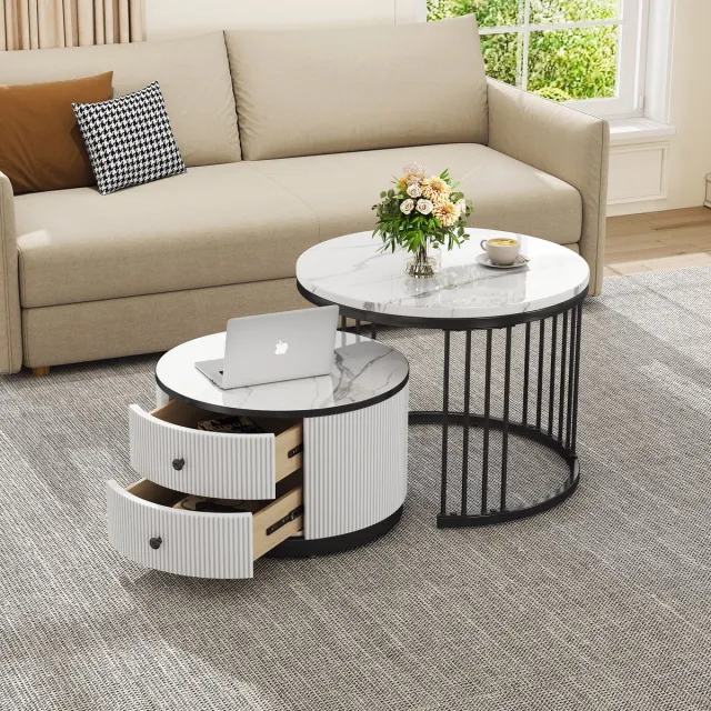 OKWISH Salontafels - Koffietafel Rond Met Laden En Opbergruimte - Stijlvolle Salontafel Voor Woonkamer En Slaapkamer - MDF En Kunststof - Zwart - Vorm Rond - 60x60x45,5 + 50x50x32 cm