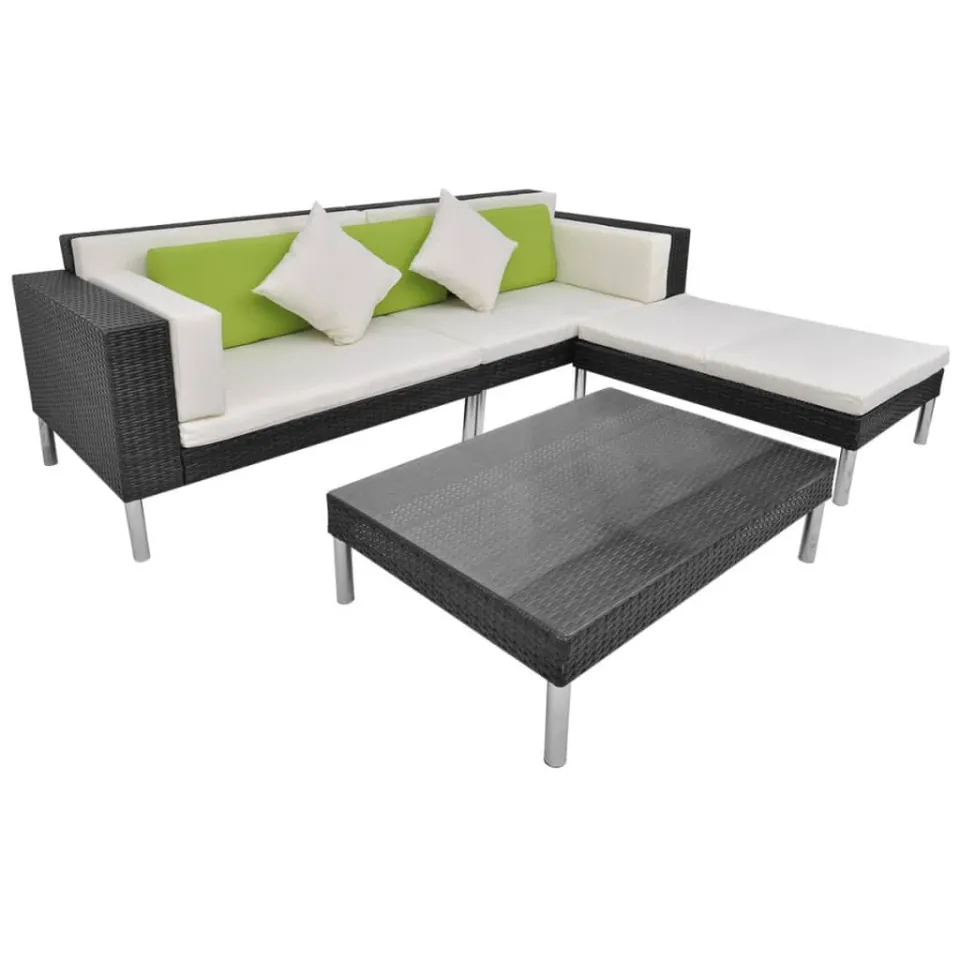 vidaXL 4-delige Loungeset met kussens poly rattan zwart