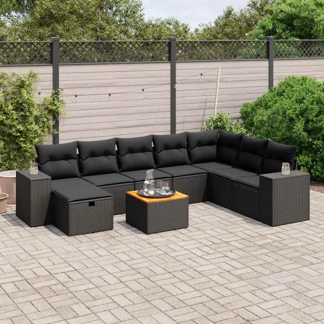 vidaXL 9-delige Loungeset met kussens poly rattan zwart, foto 2