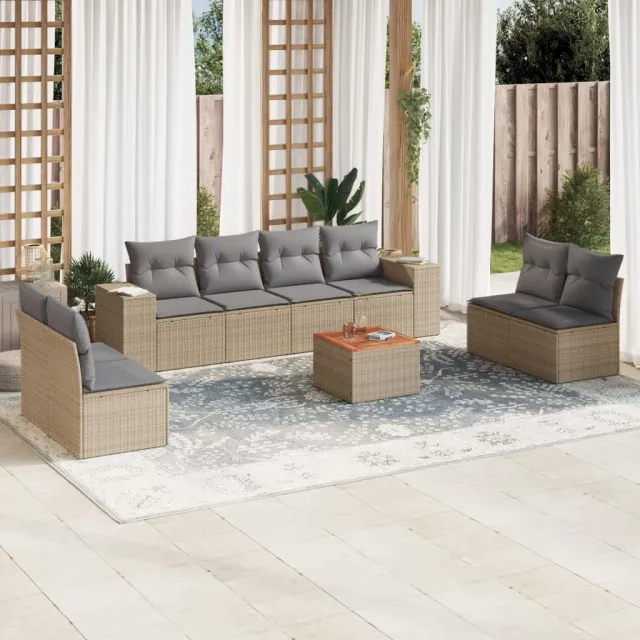 vidaXL 9-delige Loungeset met kussens poly rattan beige, foto 2