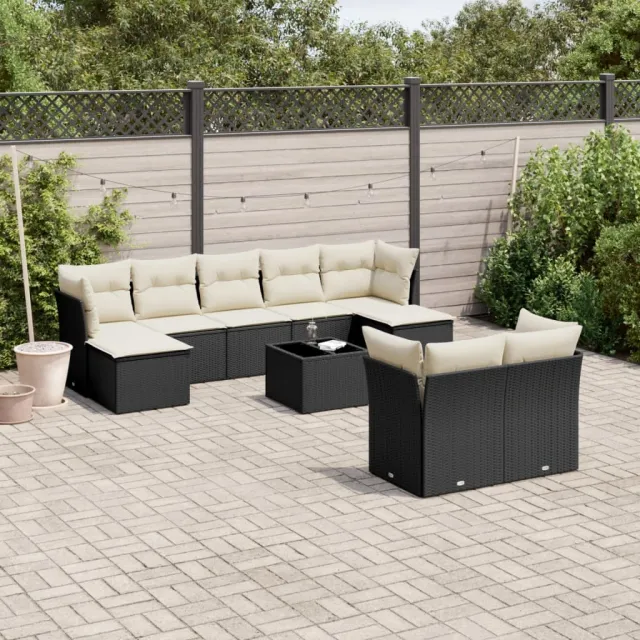 vidaXL 10-delige Loungeset met kussens poly rattan zwart, foto 2