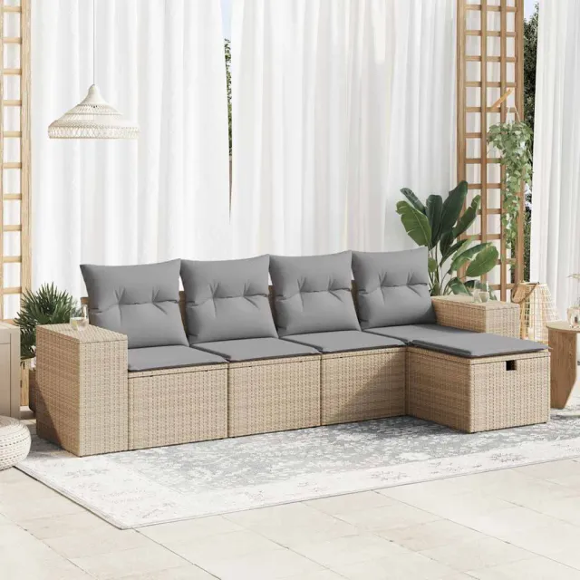vidaXL 5-delige Loungeset met kussens poly rattan beige, foto 2