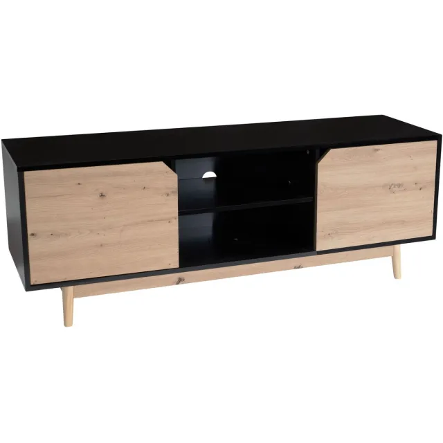 Ervesto Lowboard Tv-Meubel - Zwart Eiken Decor 150x55x40 Cm - Tv-Kast Met 2 Deuren En Open Vakken - Moderne Tv-Stand En Opbergkast Woonkamer