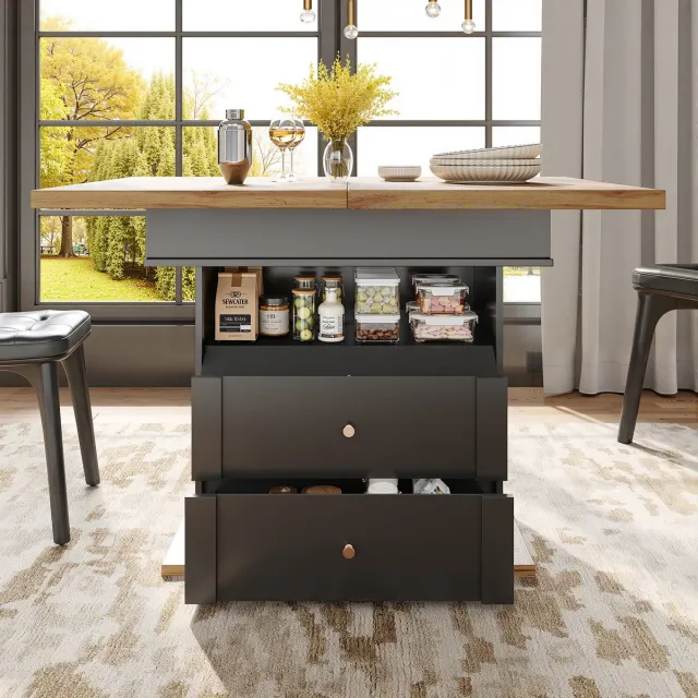 MODFU Uittrekbare Teleskoptisch 110-140×80 cm, MDF, Klapdeur Soft-Close, Verborgen Opbergruimte Natuurlijk+Zwart