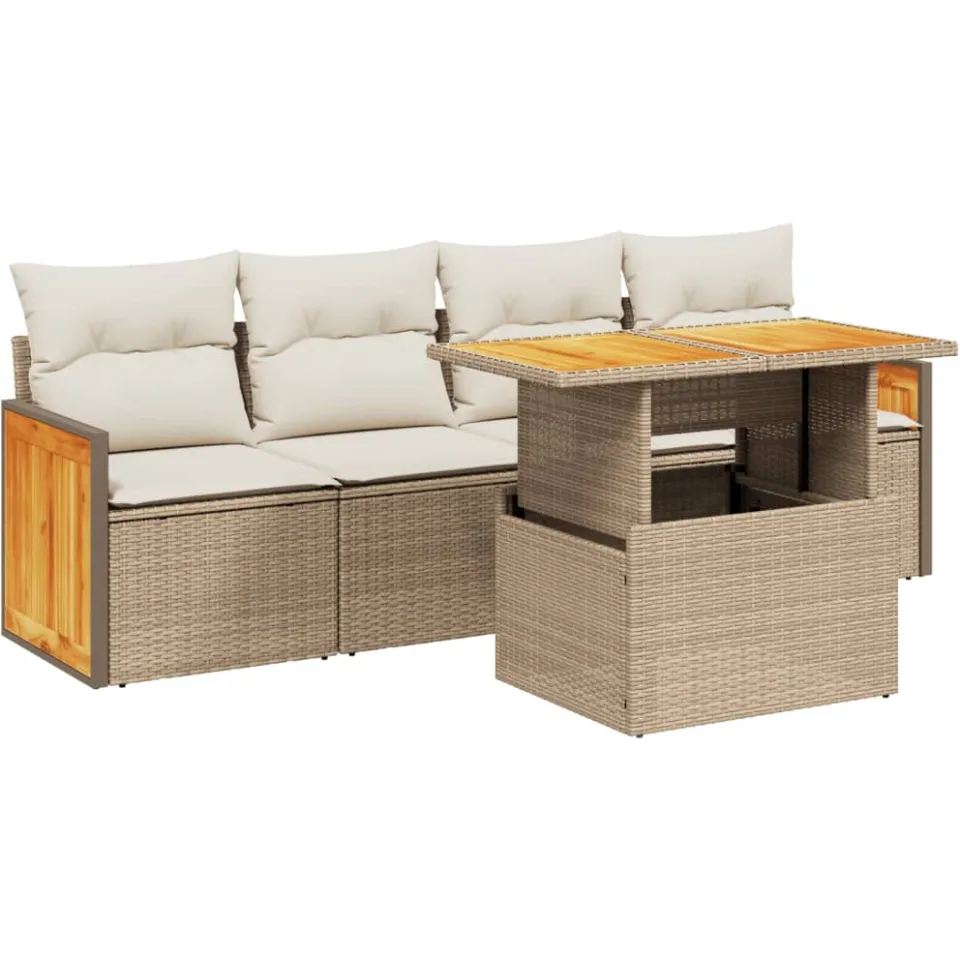vidaXL 5-delige Loungeset met kussens poly rattan beige, foto 3