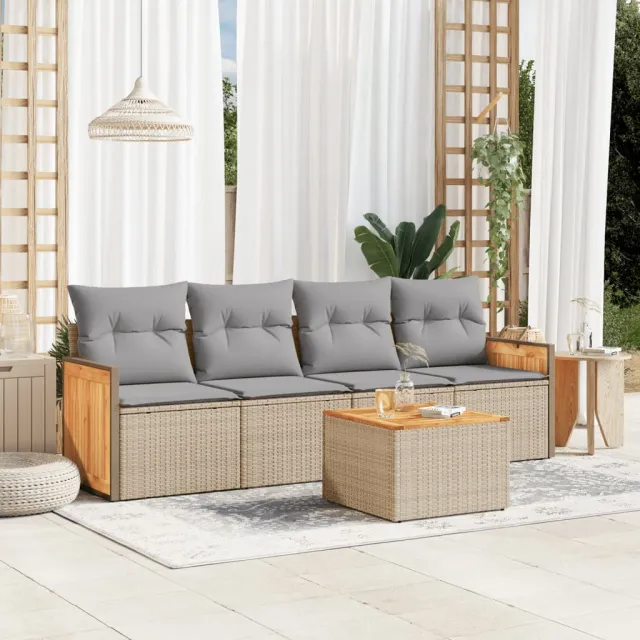 vidaXL 5-delige Loungeset met kussens poly rattan beige, foto 2