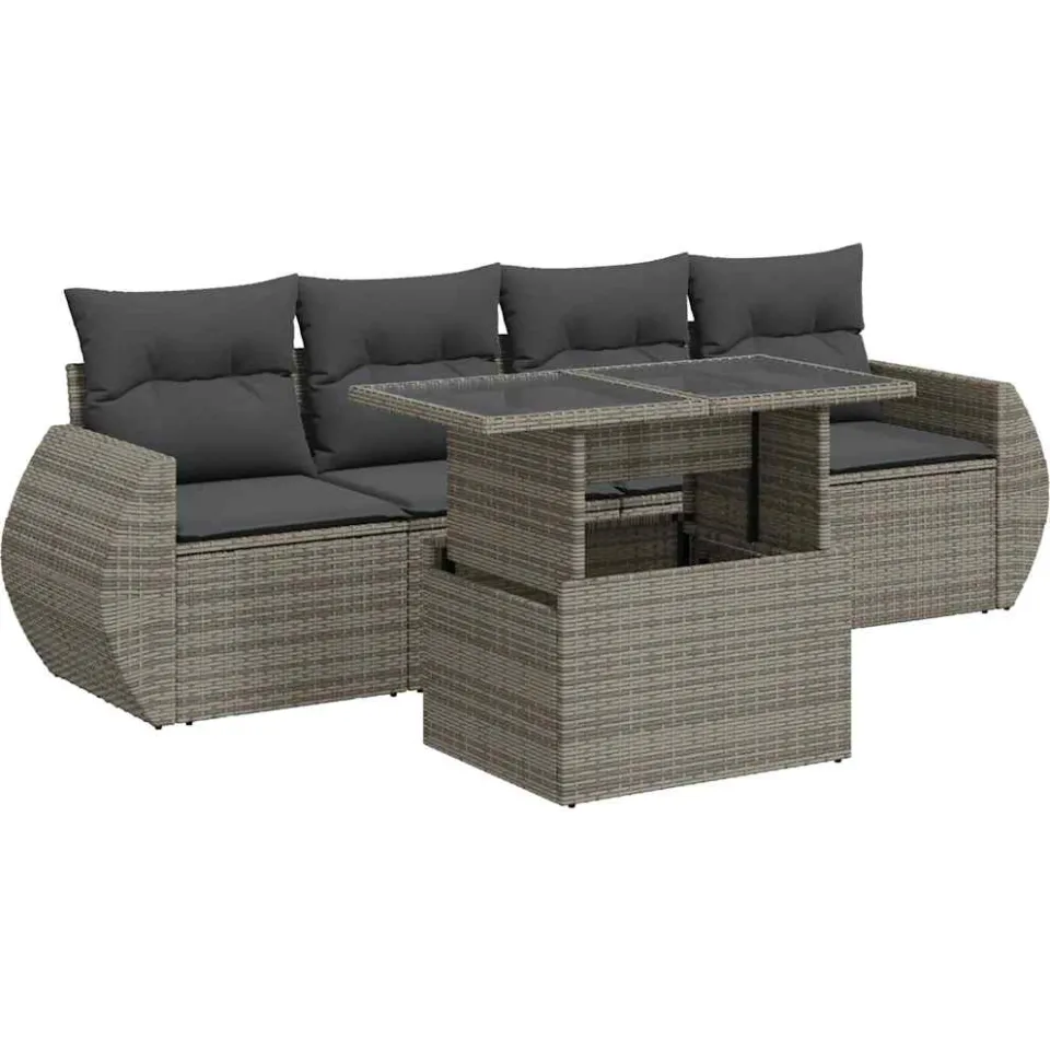 vidaXL 5-delige Loungeset met kussens poly rattan grijs, foto 3