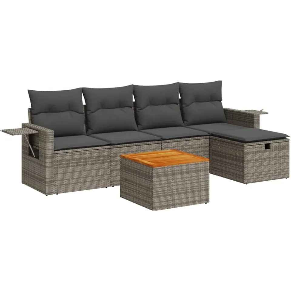 vidaXL 6-delige Loungeset met kussens poly rattan grijs, foto 3