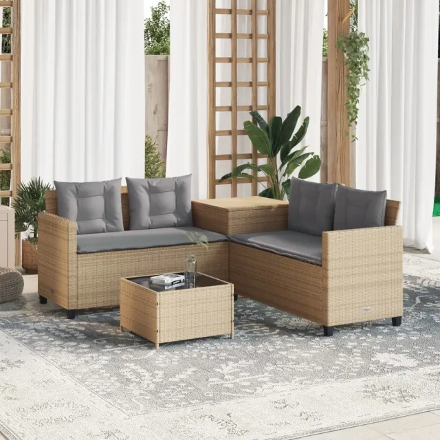 vidaXL Tuinbank met tafel en kussens L-vormig poly rattan beige, foto 2