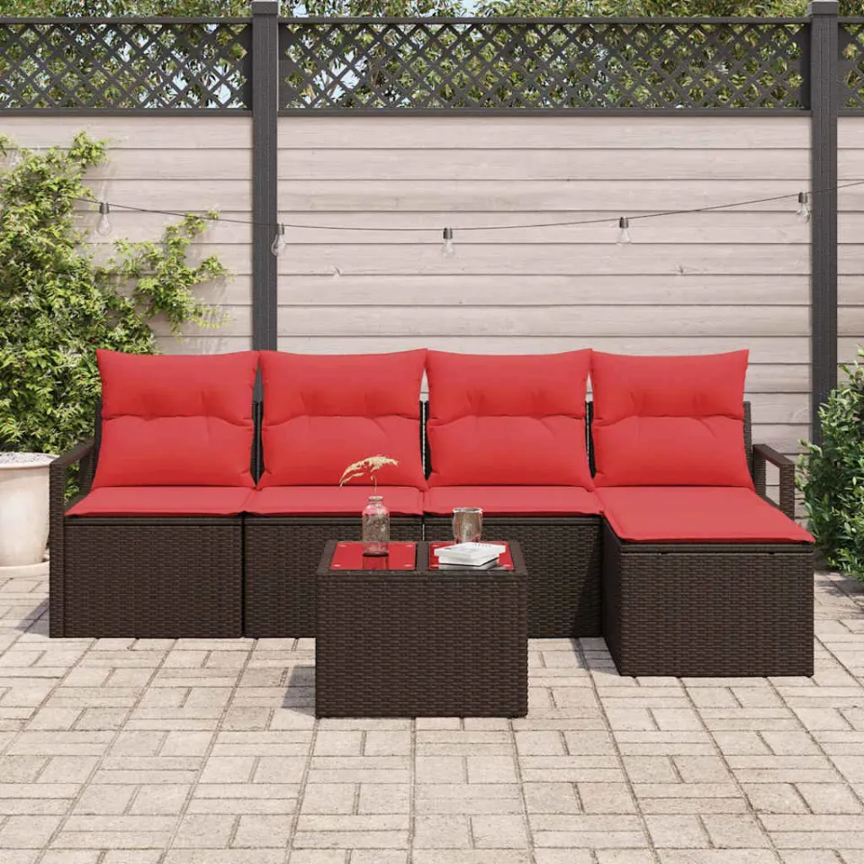 vidaXL Bankstel 6 st Bruin en Rood poly rattan, foto 3
