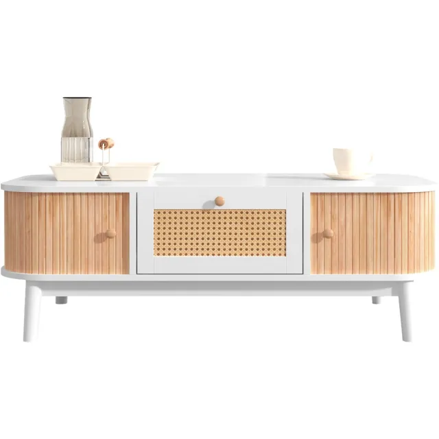 Clruro Salontafel - Rieten Koffietafel - Laden met Riet en Schuifdeuren van Massief Hout - Massief Houten Poten - Natuurlijke Landhuisstijl - Hout - Beige