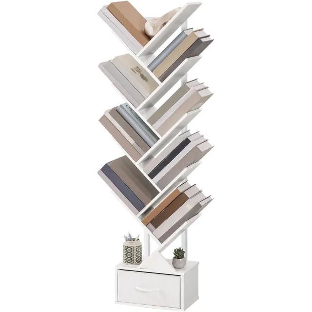 Unyqoos Vrijstaande Boekenkast met Boomvorm Ontwerp en 9 Niveaus voor Diverse Ruimtes wit