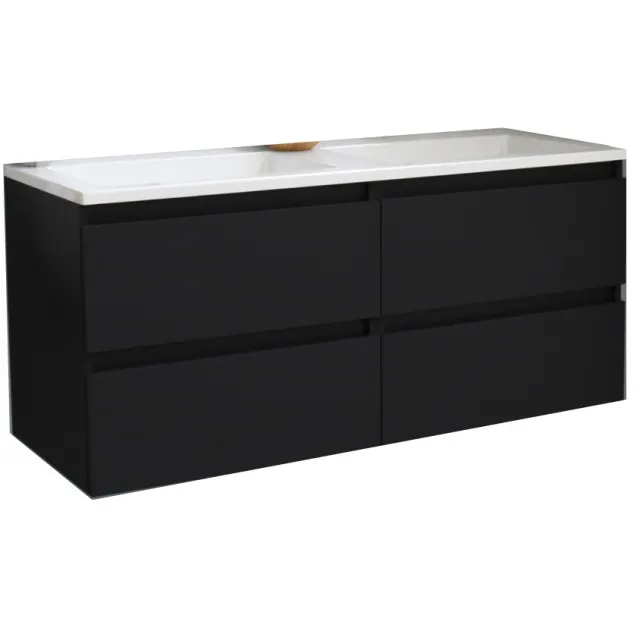 Boss & Wessing Badkamermeubel BWS Pepper Acryl Wastafel Twee Kraangaten 120x55x46 cm Mat Zwart