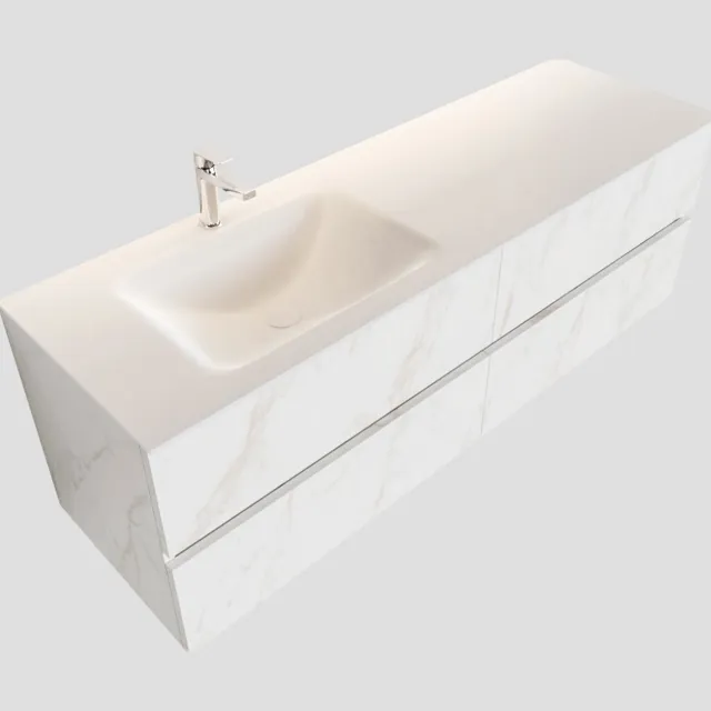 Boss & Wessing Badkamermeubel BWS Valencia Carrara Mat 150 cm Solid Surface Wastafel Rechthoekige Wasbak Links (1 kraangat, 4 lades)
