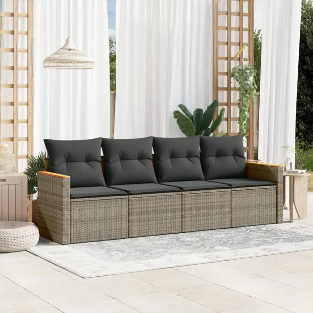 vidaXL 4-delige Loungeset met kussens poly rattan grijs, foto 2