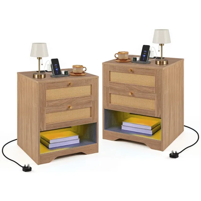 Suredeal Nachtkastje - Stucks - LED lampen - Oplaadstation Bijzettafel Rattan - 50x40x60 cm - Naturel