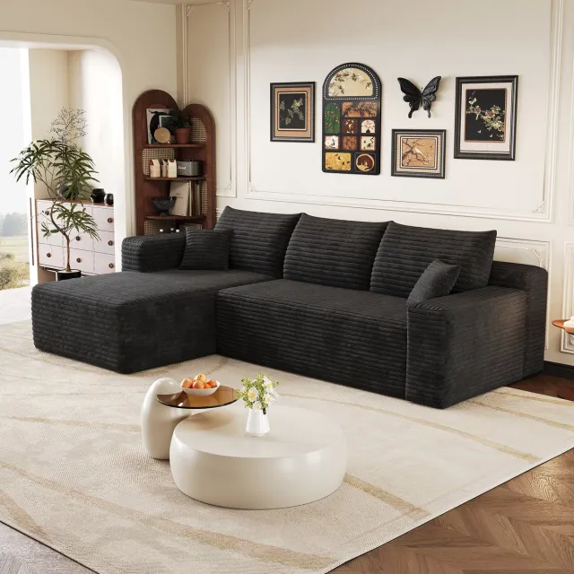 REDOM Hoekbank - 3-zits - L-vormig - Zonder montage - Corduroy stof - Moderne minimalistische stijl - Woonkamer - Zwart - 241 x 151 x 58 cm