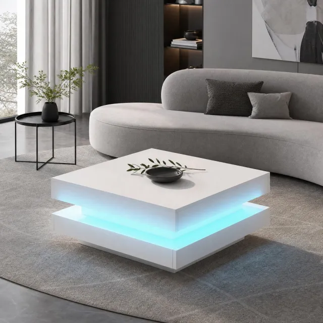 MEUNIQ Vierkante salontafel 70 x 70 x 36 cm met Bluetooth-appgestuurde LED-verlichting, USB-kabel en witte afwerking voor de woonkamer