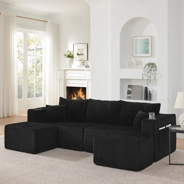 FloraGrace Hoekbank 230 x 138 x 75 cm - 3-Zits Modulaire L-Vorm Met Verplaatsbare Ottomanen, Bekerhouders En Zijvakken - Corduroy - Zwart