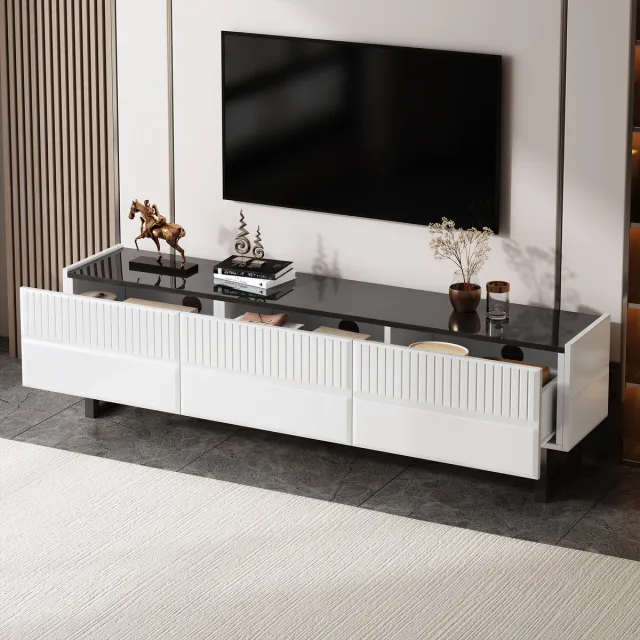 REDOM TV-meubel - MDF en PB - hoogglans afwerking - 170 L x35 B x 47 H(cm) - Black,White Zwart+Wit