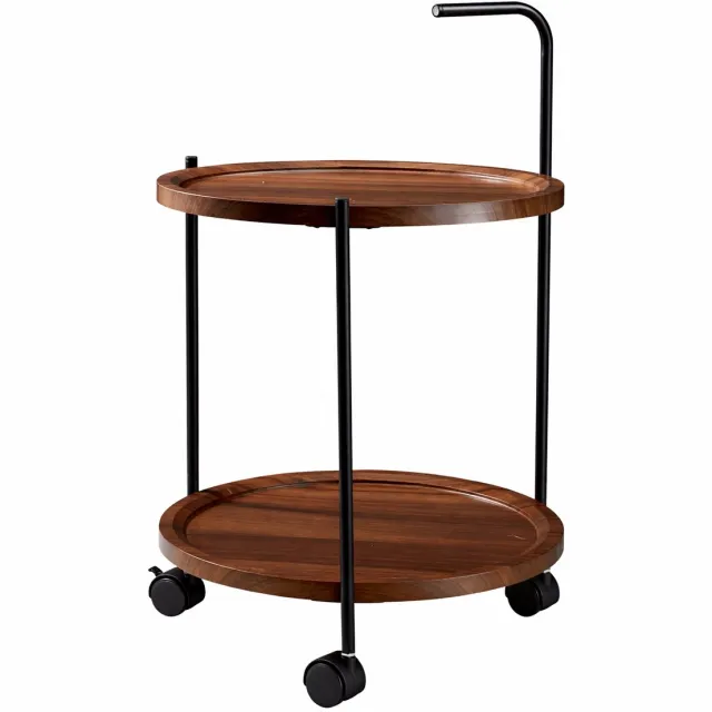 HEM Bijzettafel op Wielen – Ronde Bijzettafel Houtlook – Bruin – Verrijdbare Serveerwagen met Rem en 2 Lagen – Inclusief HEM Microvezeldoekje
