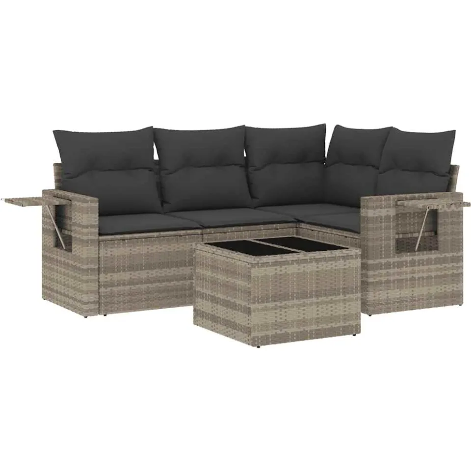 vidaXL 5-delige Loungeset met kussens poly rattan lichtgrijs