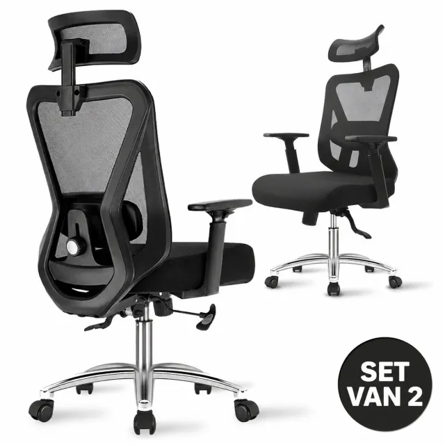 Durrafy Bureaustoel met Verstelbare Hoofdsteun en 3D-Armleuningen – Ergonomische Bureaustoel voor Volwassenen – 4D-Lendensteun – 90°–135° Kantelfunctie – Computerstoel en Office Chair – Tot 200 kg – Zwart D02-SET VAN 2