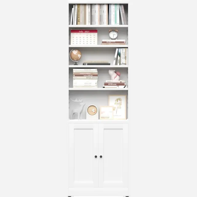 TEKROA Boekenkasten - 61 cm brede boekenkast - met kastje, 7-laags boekenkast en 5 verstelbare planken - hoge metalen boekenkast voor thuiskantoor en woonkamer - WIT