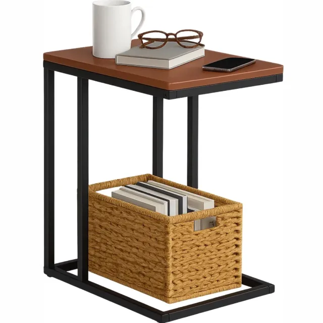 Lomera Bijzettafel Metaal En Mdf - Zwart Metalen Frame - Bruin Mdf Tafelblad - Afgeronde Hoeken - Banktafeltje - Industriële Stijl - Compacte Bijzettafel - Stelpootjes - Lichtgewicht Tafel - Moderne Bijzettafel nvt