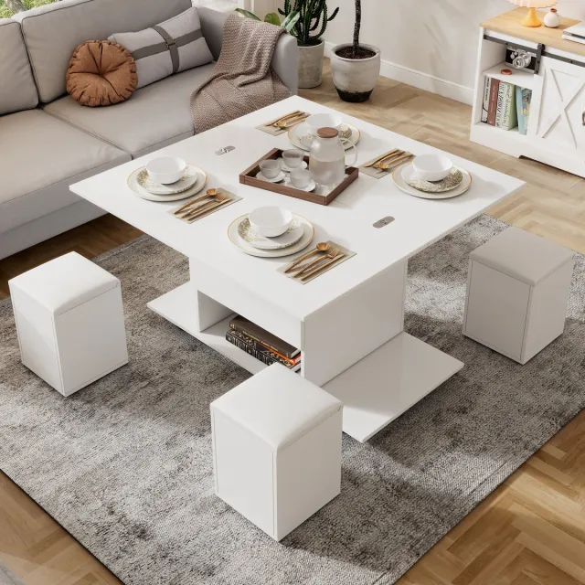 Sweiko Salontafel - In hoogte verstelbaar tafelblad - Opbergruimte - Om te vormen tot eettafel/bureau - 4 krukken - Wit