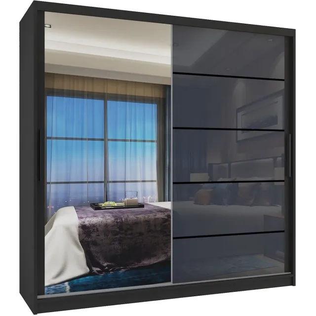 B BELINI GROUP BELINI Verona MGB Schuifdeurkast 200 cm Zwart/Grijs Hoogglans - Kledingkast met Spiegel - Comfort Line Hoogglans