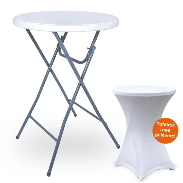 Goliving Statafel – Inclusief Statafelhoes – Statafelrok – Inklapbaar – Stevige partytafel – Voor binnen en buiten – Draagvermogen 50kg – Ø80 x 110 cm – 8,5 kg – Wit