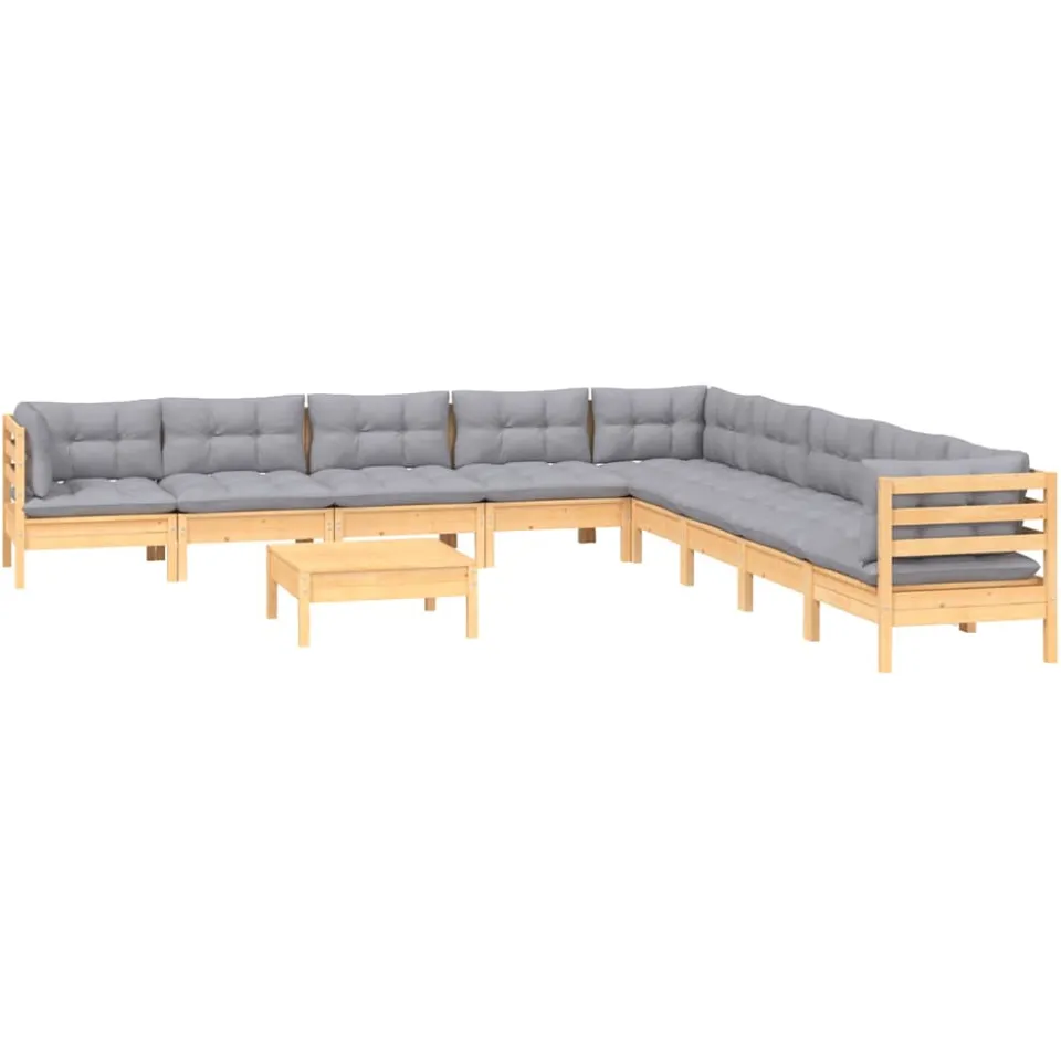 vidaXL 10-delige Loungeset met grijze kussens massief grenenhout Grijs