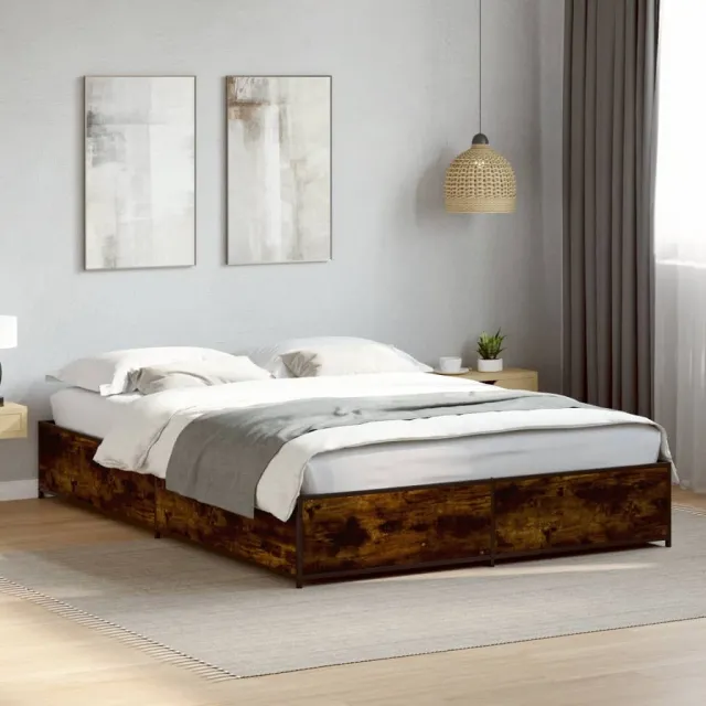 vidaXL Bedframe bewerkt hout metaal gerookt eikenkleurig 140x200 cm Bruin