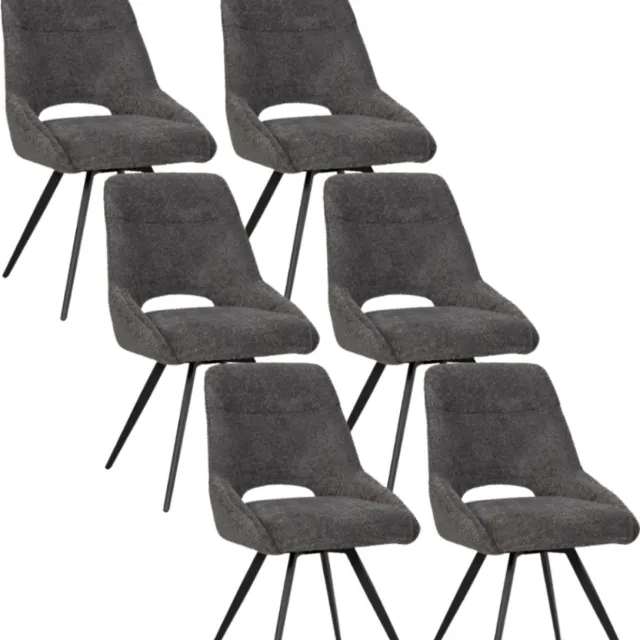 BukkitBow Eetkamerstoel / Keukenstoel - Geschikt als Make-up Stoel - Chenille & Metalen Onderstel - Chenille Stof - Donker Grijs - 6 Stuks