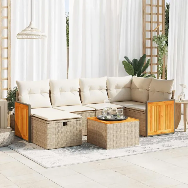 vidaXL 7-delige Loungeset met kussens poly rattan beige