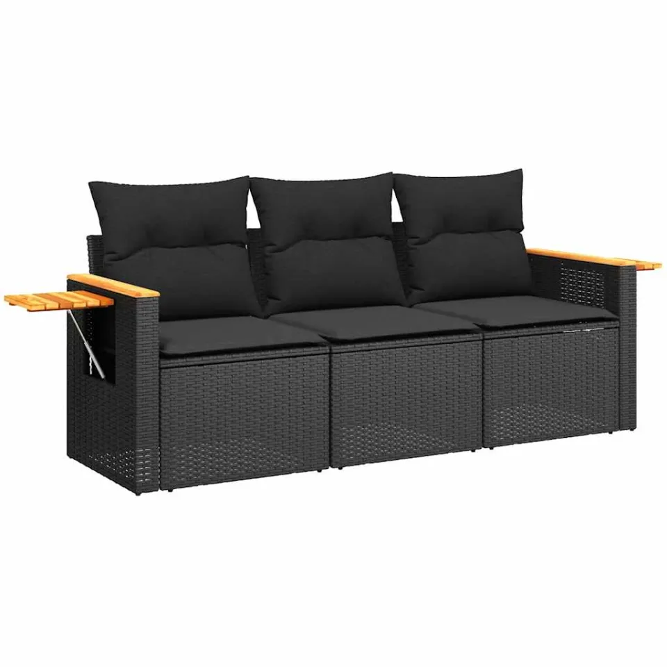 vidaXL 3-delige Loungeset met kussens poly rattan zwart, foto 3