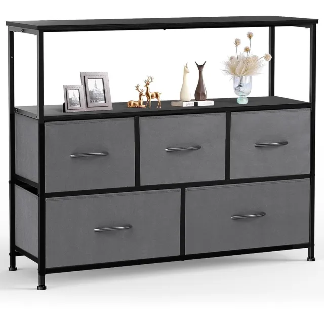 HMTM Ladekast met 5 Stoffen Laden – Brede Opbergkast voor Slaapkamer, Woonkamer en Hal – 115 x 30 x 80 cm – Grijs– Verstelbare Poten, HMTM-SC-5D-GR