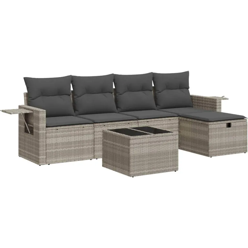 vidaXL 6-delige Loungeset met kussens poly rattan lichtgrijs grijs, foto 3