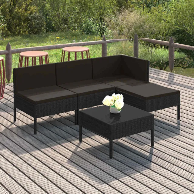 vidaXL 5-delige Loungeset met kussens poly rattan zwart, foto 2