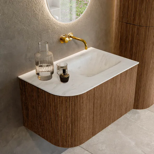 Mondiaz KURVE-DLUX 75 cm Onderkast Greeploos 1 Lade Met Deuren Walnut, Wastafel Solid Surface Rechts Opalo 0 Kraangaten Zonder Spiegel (KRVGRU75L1L1D0KR-Wal/Opa)