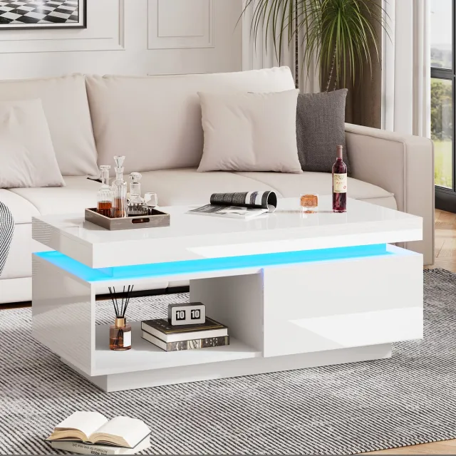 Sweiko Hoogglans salontafel met LED-verlichting, bijzettafel met laden, 100x50x40.3 cm, 50 kg draagvermogen, wit