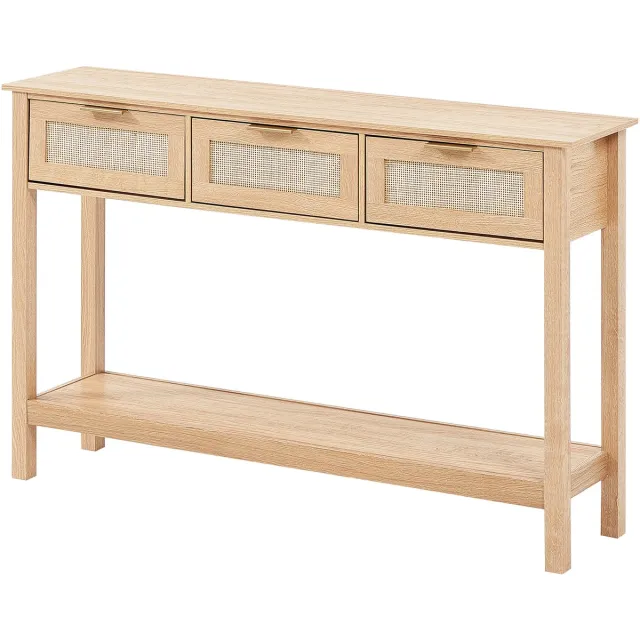 Vevor Rotan Consoletafel, Haltafel, Decoratieve Tafel, 3 Lades, Schuifdeuren, Naturel Bruin
