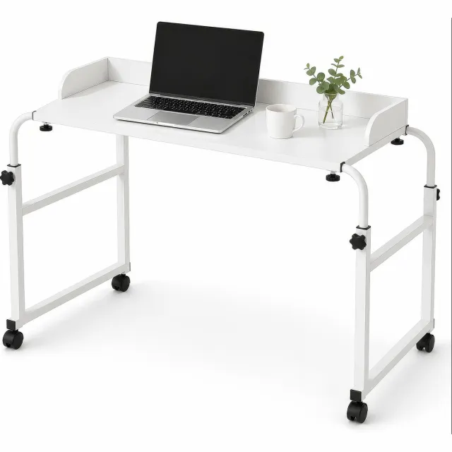 Lemlit Bedtafel op Wielen - laptoptafel - Overbedtafel 120 x 40 cm met Opstaande Rand - Hoogte Verstelbaar 65-95 cm - Voor Bedden tot 200 cm - Wit