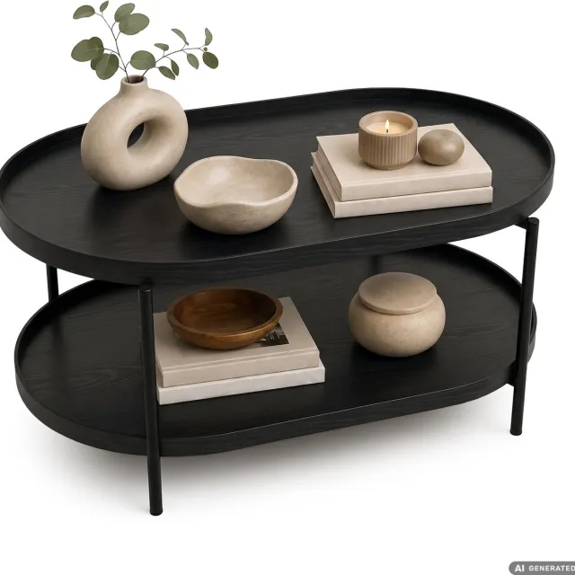 Akord Loft Salontafel CORTADO / Industrieel / 90 cm / Ovaal / Met Legplank / Zwart / Zwarte Poten