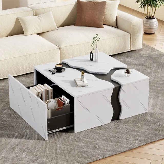 REDOM Salontafel 70x70x31 cm, spaanplaat met marmerlook en lade Wit
